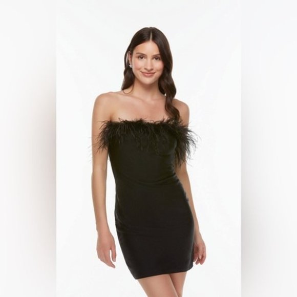 Lovely Day |  Black Mini Strapless Faux Feather Party Dress - Picture 1 of 7